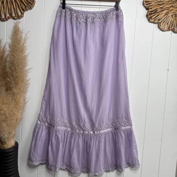 Free People maxi skirt floral lace pleated sheer tiered ruffle Large - Picture 6 of 8